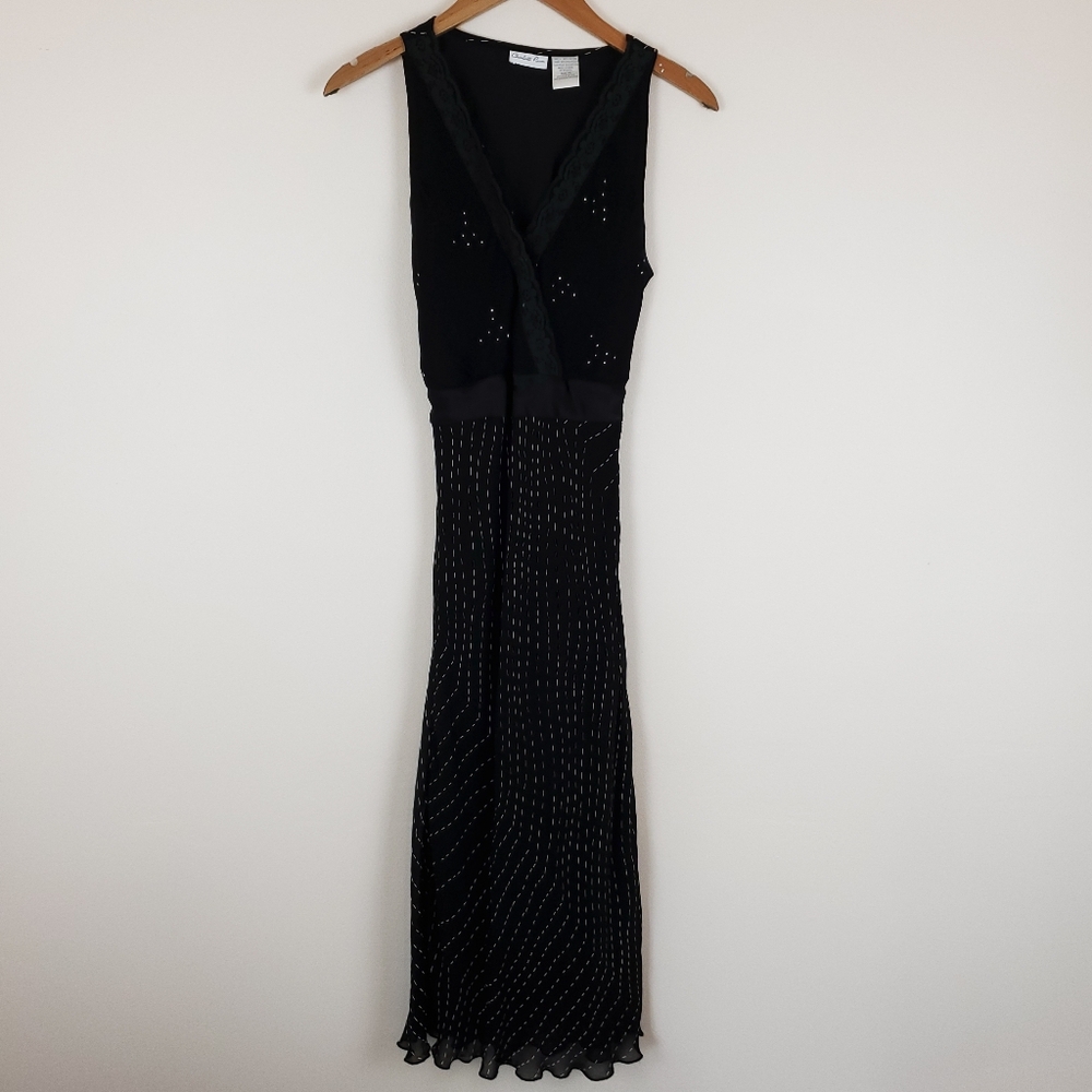 Y2K Charlotte Russe Embroidered Black Lace Midi Dress – Rayon Satin Tie Waist